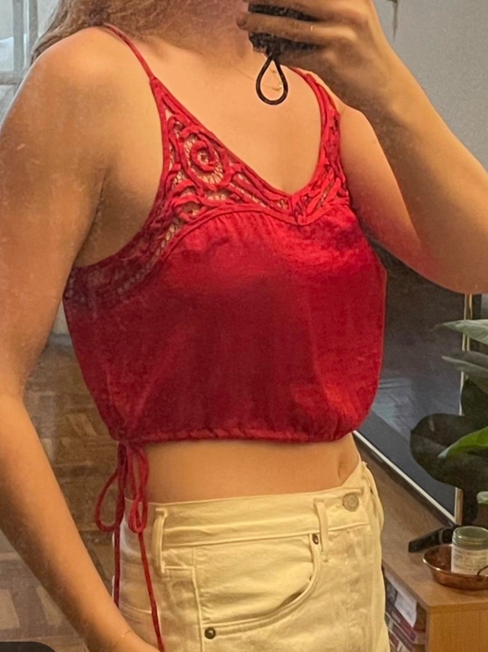 Free People Elegant Red Lace Trim Cami Top